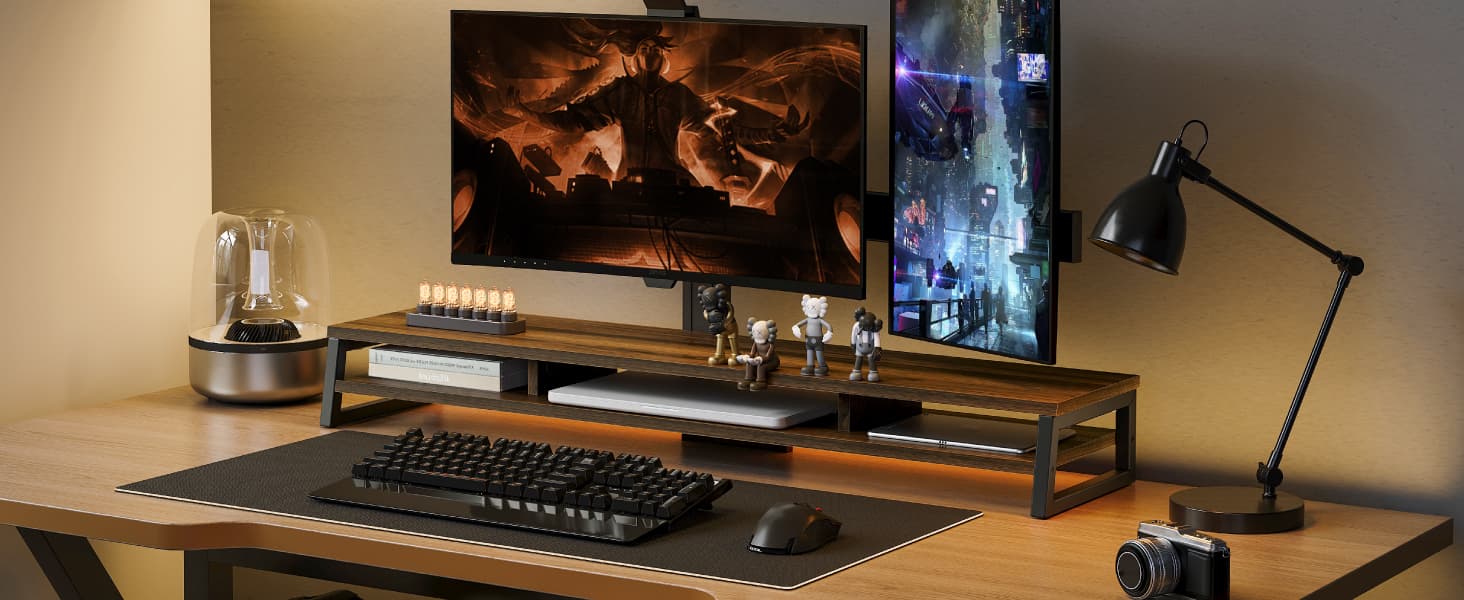 Fenge Dual Monitor Riser for Desk, Open Shelf with 3 Storage Compartments | 42.5in Computer Monitor Stand, 2-Tier Desk Shelf for Top of Desk, One-Piece Panel, fits Ultrawide Monitor, PC, Laptop, Brown