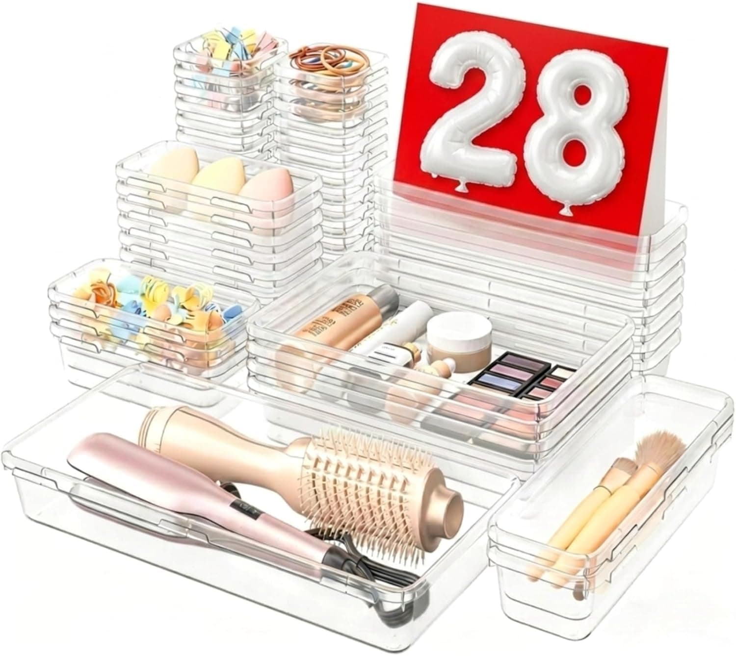 A-LuGei 【Military Grade】 Drawer Organizer for Vanity Bathroom Makeup Desk | 【𝐌𝐚𝐤𝐞𝐮𝐩】【𝗕𝗮𝘁𝗵𝗿𝗼𝗼𝗺】 Drawer Organizer, Vanity Organizer, Desk Drawer Organizer Bin 【Holds 177 Items】 (Clear)