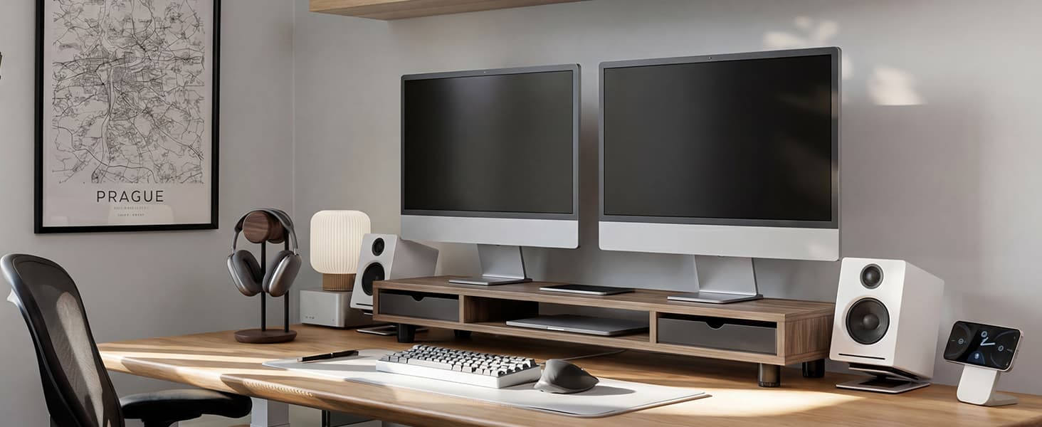 Fenge Dual Monitor Riser for Desk, Open Shelf with 3 Storage Compartments | 42.5in Computer Monitor Stand, 2-Tier Desk Shelf for Top of Desk, One-Piece Panel, fits Ultrawide Monitor, PC, Laptop, Brown