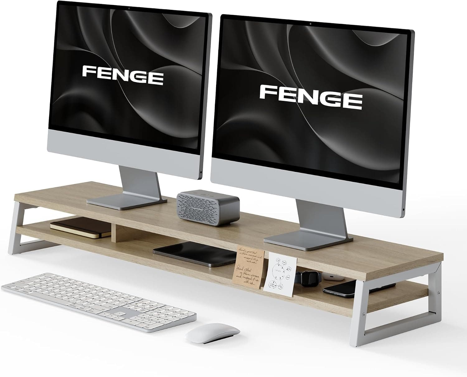 Fenge Dual Monitor Riser for Desk, Open Shelf with 3 Storage Compartments | 42.5in Computer Monitor Stand, 2-Tier Desk Shelf for Top of Desk, One-Piece Panel, fits Ultrawide Monitor, PC, Laptop, Brown