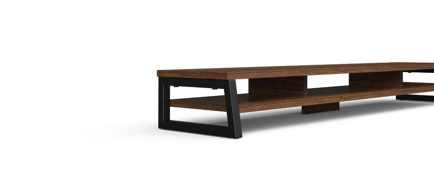 Fenge Dual Monitor Riser for Desk, Open Shelf with 3 Storage Compartments | 42.5in Computer Monitor Stand, 2-Tier Desk Shelf for Top of Desk, One-Piece Panel, fits Ultrawide Monitor, PC, Laptop, Brown