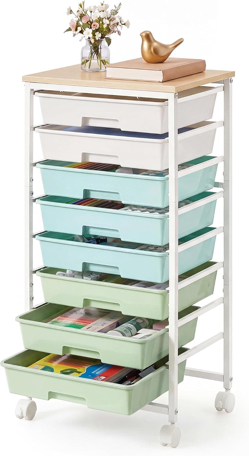 VASAGLE Rolling Cart with Drawers,5 Drawers Storage Cart, Green and White | Utility Cart, Craft Organizers and Storage, 15.6 x 11.2 x 24.8 inch, for Classroom, Office, Dorm, Metal, ULRC005C101