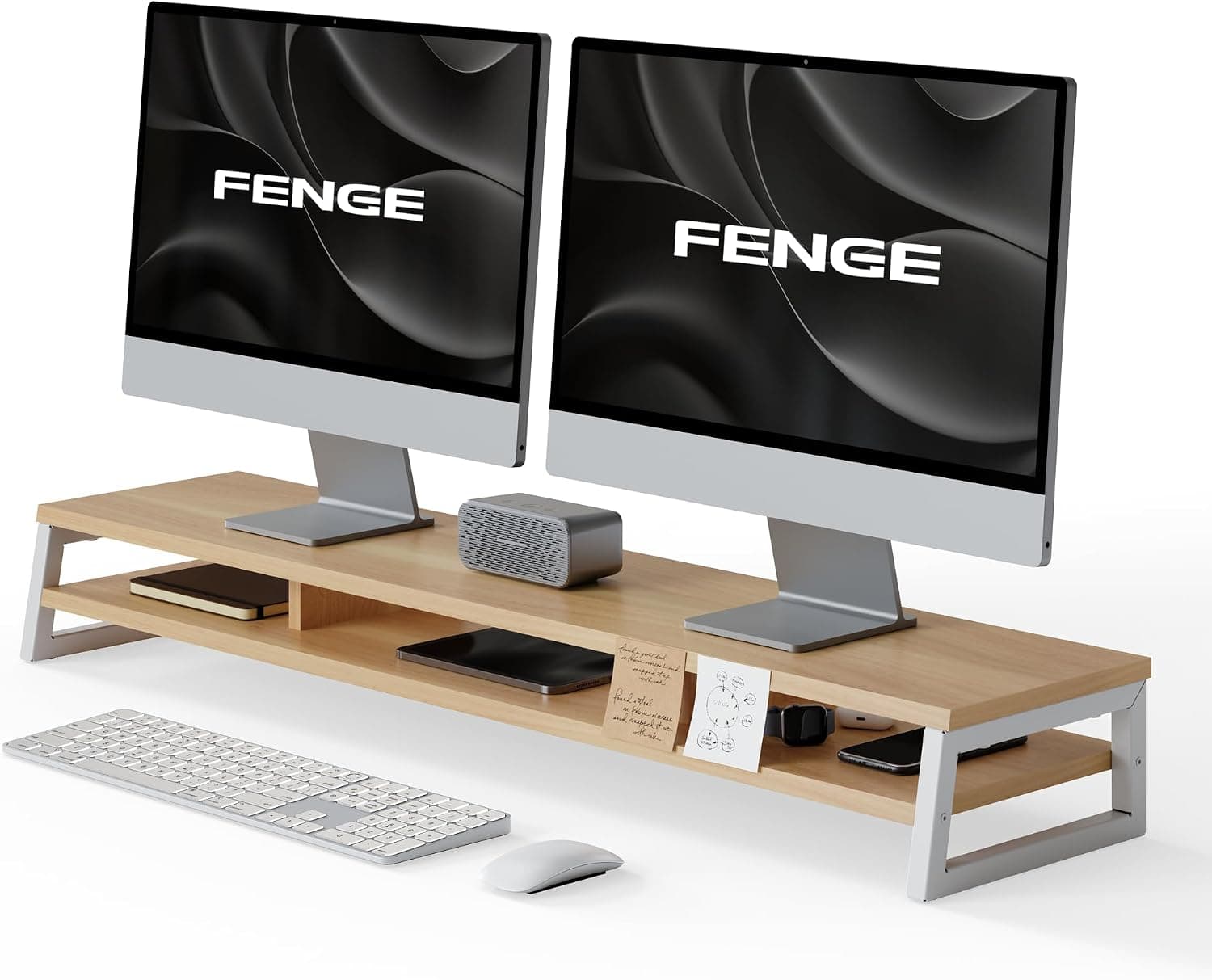 Fenge Dual Monitor Riser for Desk, Open Shelf with 3 Storage Compartments | 42.5in Computer Monitor Stand, 2-Tier Desk Shelf for Top of Desk, One-Piece Panel, fits Ultrawide Monitor, PC, Laptop, Brown