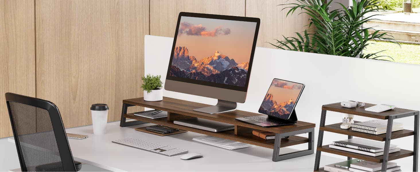 Fenge Dual Monitor Riser for Desk, Open Shelf with 3 Storage Compartments | 42.5in Computer Monitor Stand, 2-Tier Desk Shelf for Top of Desk, One-Piece Panel, fits Ultrawide Monitor, PC, Laptop, Brown