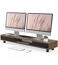 Fenge Dual Monitor Riser for Desk, Open Shelf with 3 Storage Compartments | 42.5in Computer Monitor Stand, 2-Tier Desk Shelf for Top of Desk, One-Piece Panel, fits Ultrawide Monitor, PC, Laptop, Brown