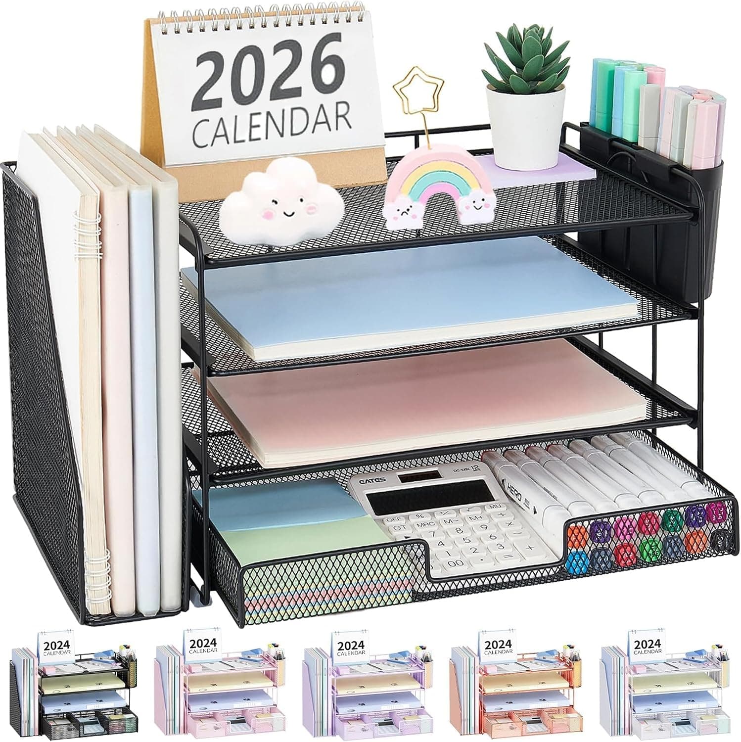 OPNICE Desk Organizer, 4-Tier Desktop File Organizer with Drawer and Pen Holders, Office Desk Accessories, File Sorters, Workspace Organizers for Office Supplies(Black)