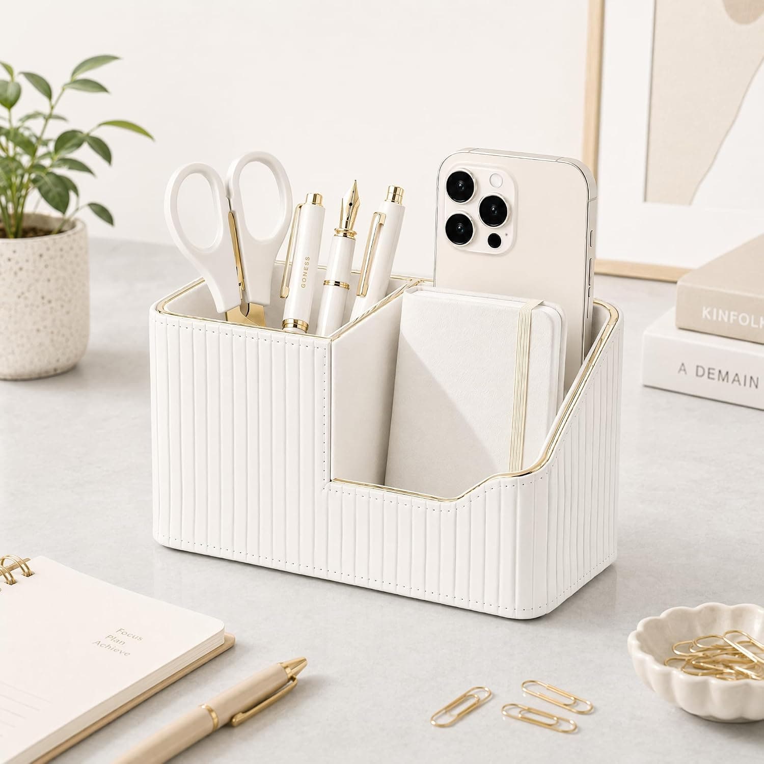 KINGFOM Luxury PU Leather Desk Organizer for Office Accessories, Aesthetic Pen Holder for Desk, Modern Desktop Storage Organizer for Home Office Supplies Cream White with Gold Trim