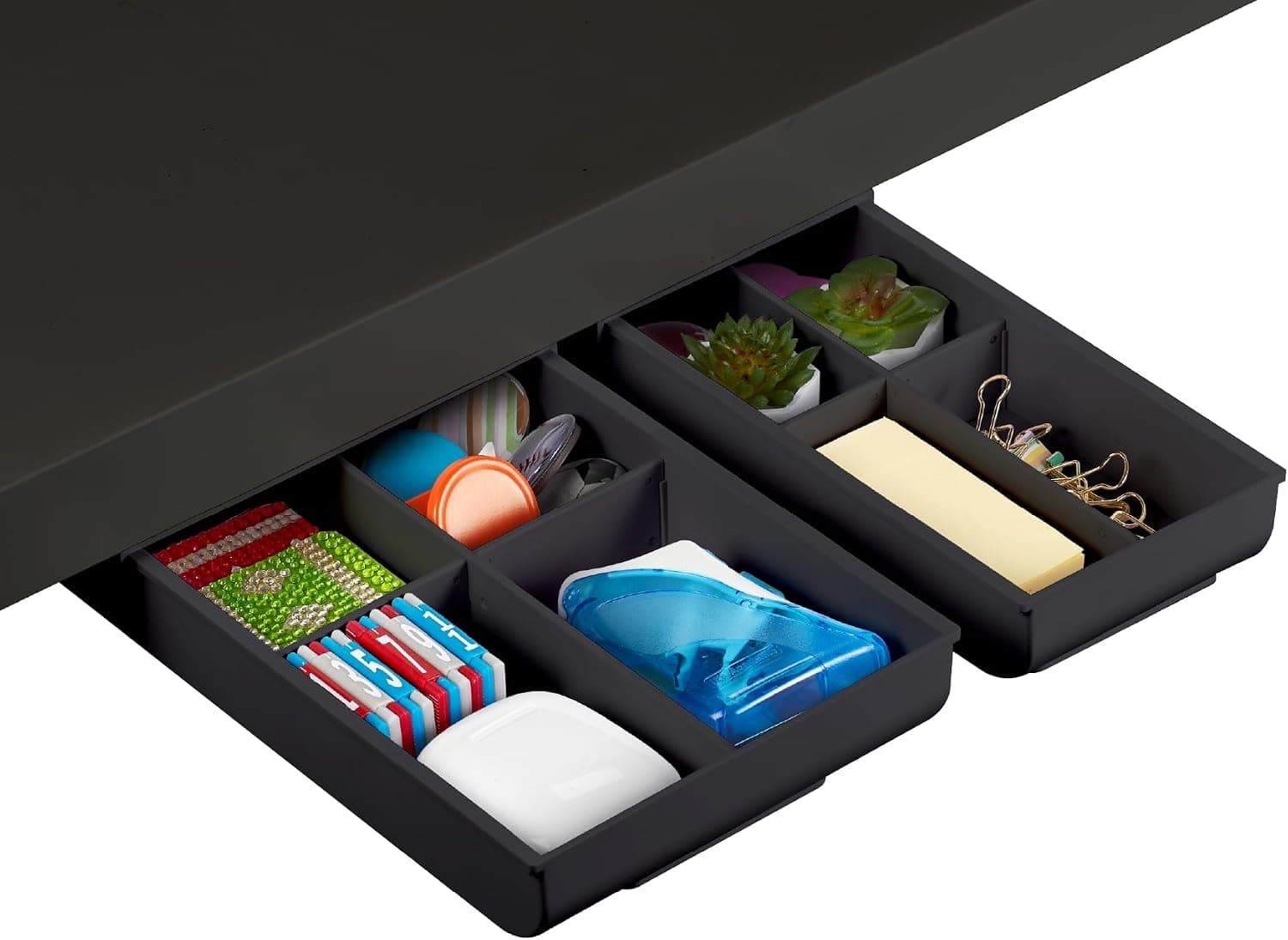 Bostitch Konnect Under Desk Drawer, Self-Adhesive Slide Out Storage Organizer with 4 Customizable Dividers, 2-Pack