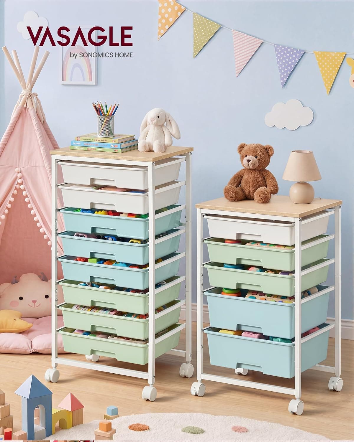 VASAGLE Rolling Cart with Drawers,5 Drawers Storage Cart, Green and White | Utility Cart, Craft Organizers and Storage, 15.6 x 11.2 x 24.8 inch, for Classroom, Office, Dorm, Metal, ULRC005C101