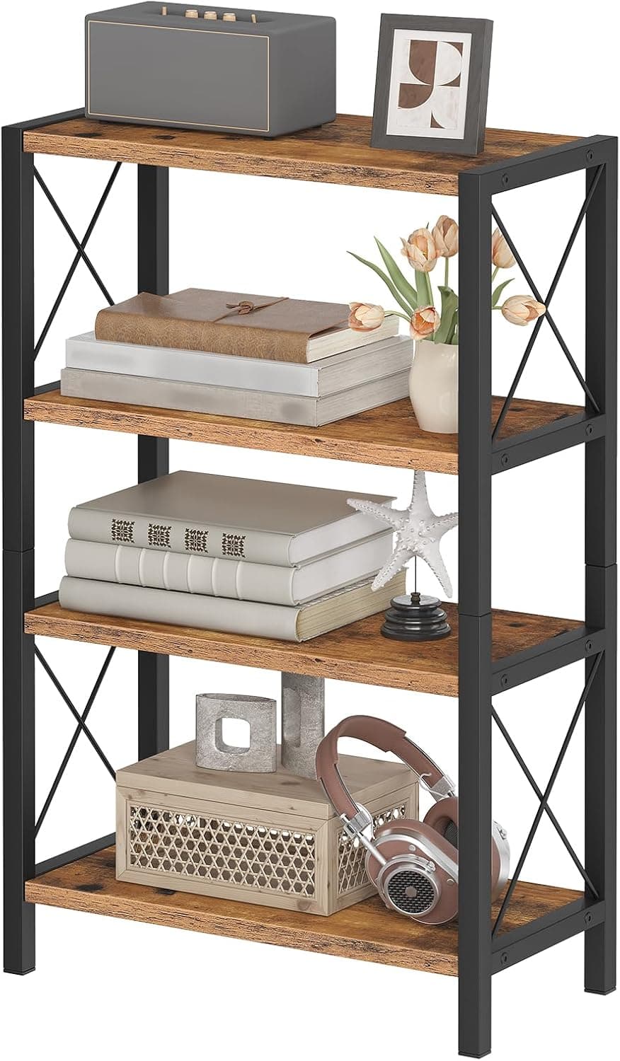 HOOBRO Desk Shelf, 4 Tier Stackable Desktop Bookshelf, Small Bookcase | Adjustable Industrial Desk Organizer with Metal Frame and Leveling Feet, Desktop Display Rack, Desk Hutch for Home Office