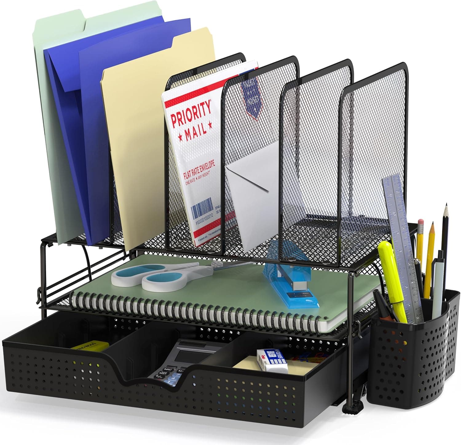 Simple Houseware Desk File Organizer for Office Supplies w/Drawer, Black | Double Tray, Pencil Holder, and 5 Upright Sections with Sliding Drawer