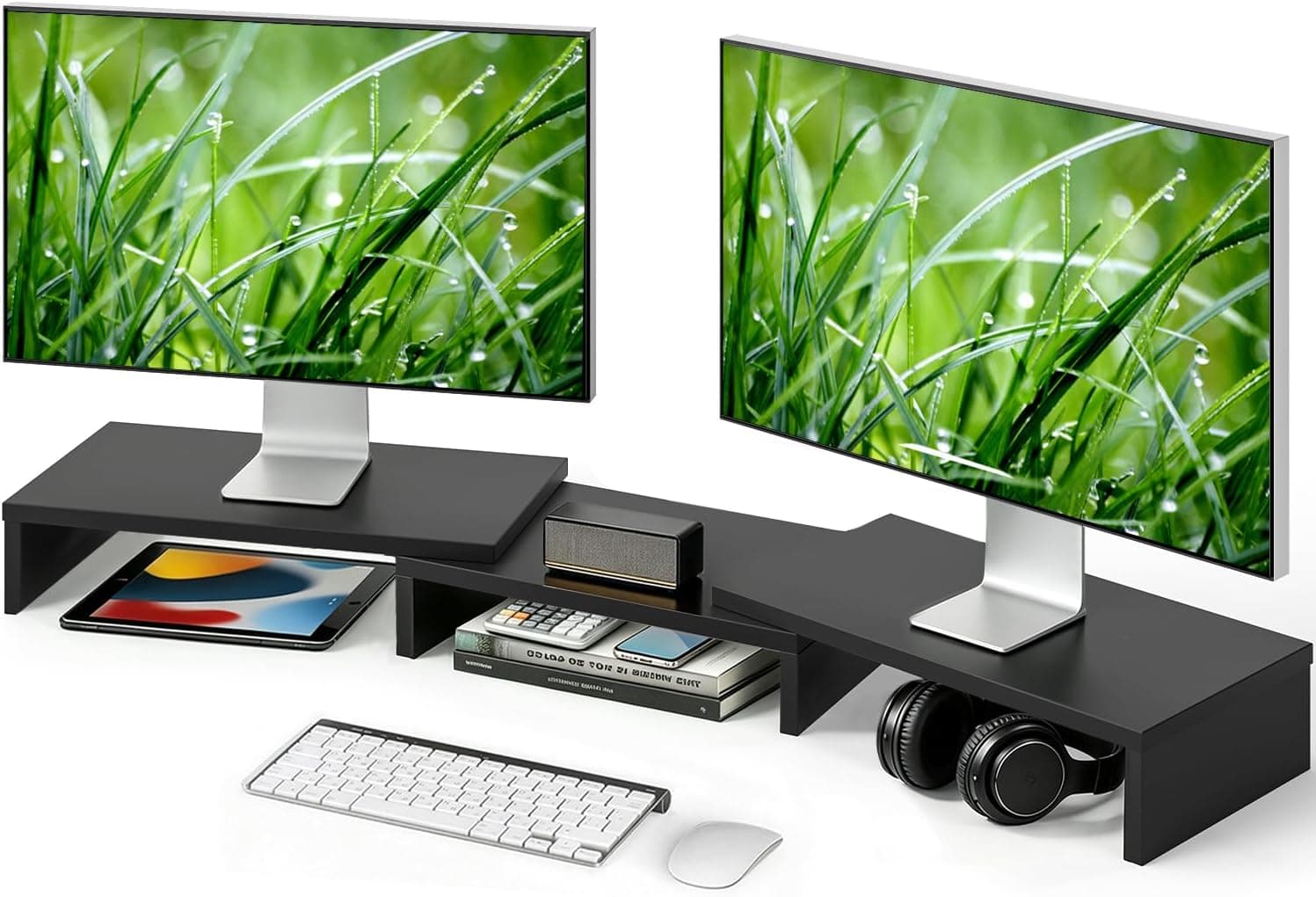 TAVR Monitor Stand Riser, Office Desktop Organizer Stand for 2 Monitors | Adjustable Length and Angle 3 Shelf, Extra Long Multifunctional Wooden Stand up to 43.3" fit Computer, Laptop, TV, Black