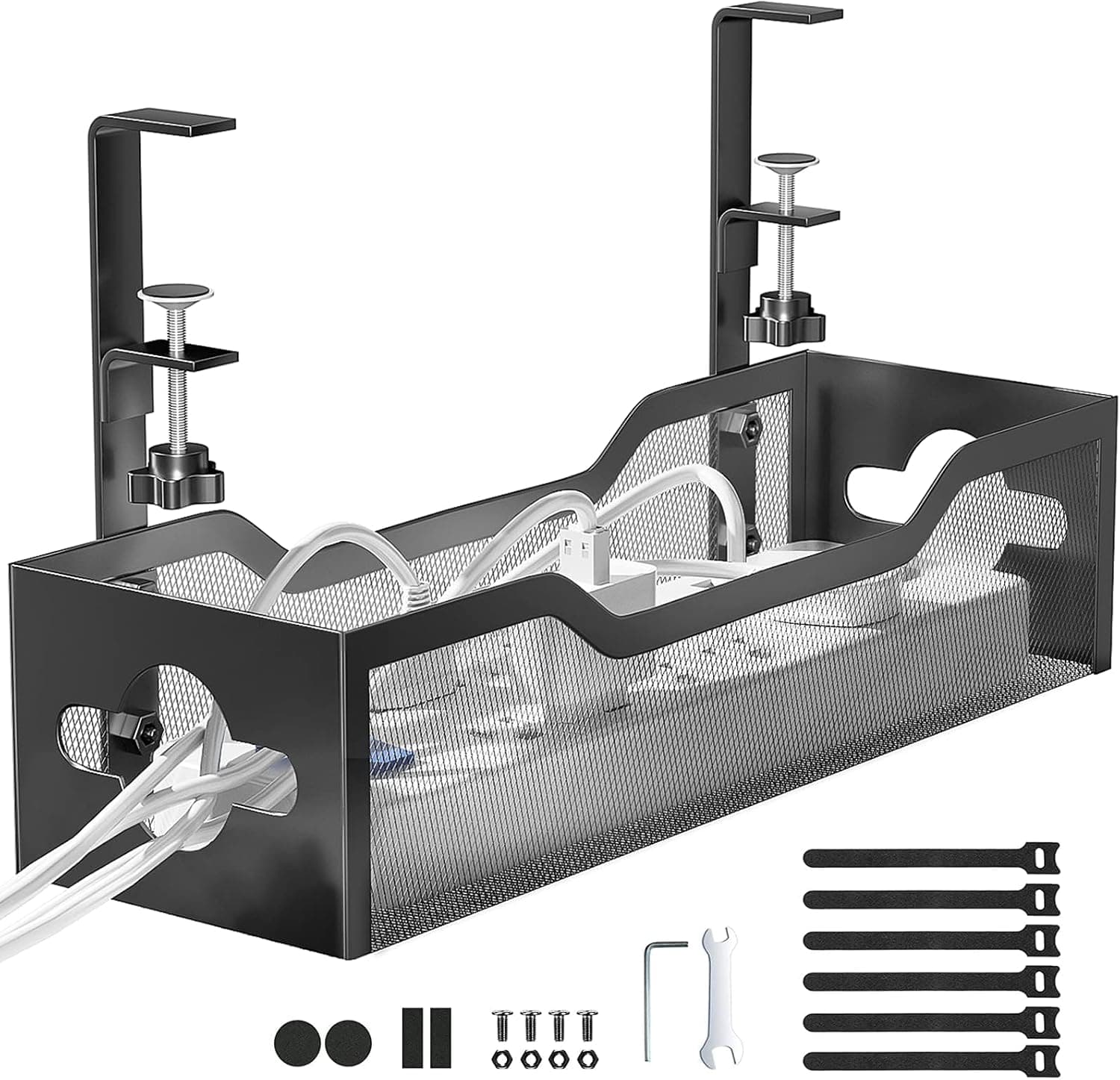 Under Desk Cable Management Tray No Drill, Metal Mesh Cable Management Under Desk with Clamp Mount, 2 Hole Cable Tray with Wire Management and Cord Organizer for Home Office Standing Desk