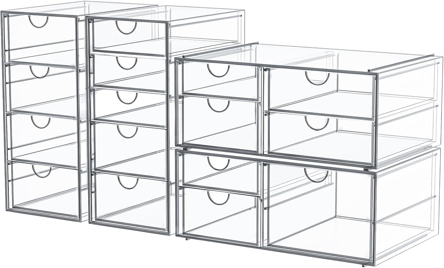 caktraie Acrylic16-Drawer Storage & Makeup Organizer for Desk | Smooth-glide drawers, clear acrylic, stackable, dustproof, wipe clean, for office supplies, pens, jewelry, makeup