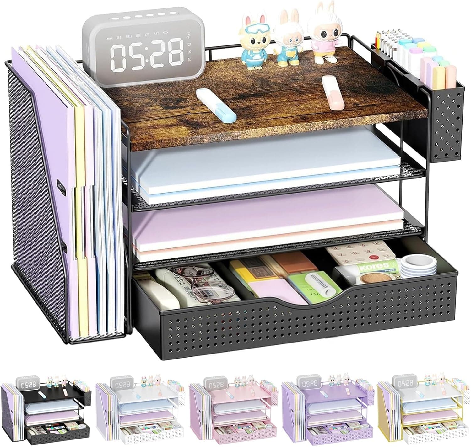 Wood Desk Organizers and Accessories with File Sorters & Catalog Racks | 4-Tier Desk Accessories & Workspace Organizers with Drawer and Pen Holder, Desk Reference Racks (Wood, 4T with Drawer)