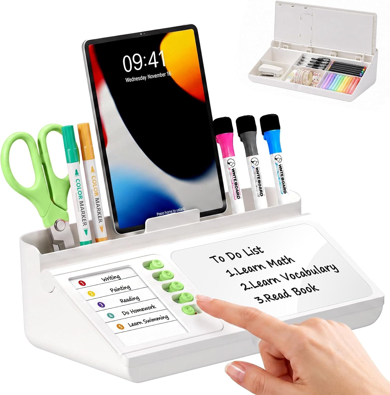 Desk Organizer Dry Erase Desktop Whiteboard with Storage, to Do List Board | Cute Desktop Organizer with Pencil Pen Holder, Memo Whiteboard, Daily Checklist with Slider, Phone Tray and Storage Drawer